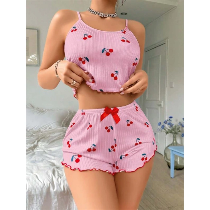 ÖZEL TASARIM  PEMBE KIRAZ DESENLI ASKILI ŞORTLU PIJAMA
