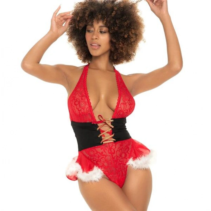 ÖZEL TASARIM  YILBAŞI ÖZEL KIRMIZI DANTEL DETAYLI FANTEZİ KOSTÜM