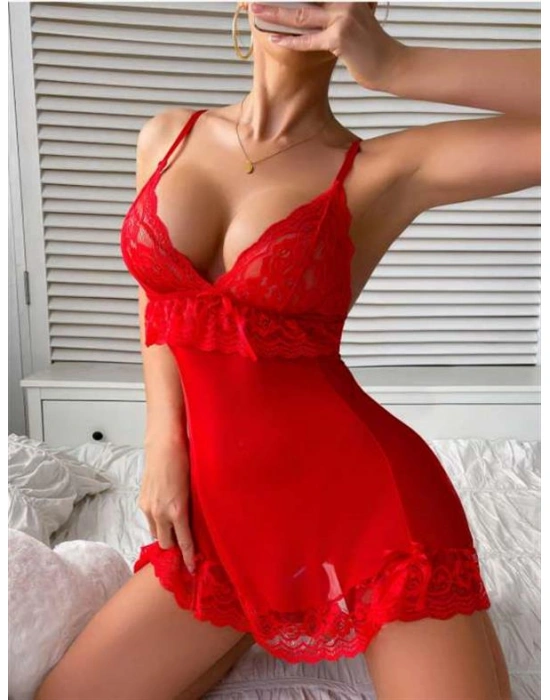 Amora Secret Kırmızı Dantel İşlemeli İnce Askılı Likralı Fantezi Tül Gecelik