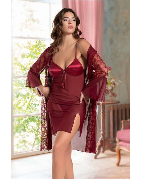 özel tasarım Amora Secret Bordo Transparan Dantel İşlemeli Tül Yırtmaçlı 2li Gecelik Takımı