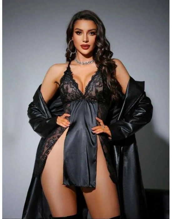 özel tasarım Amora Secret Dantel İşlemeli Yırtmaçlı Siyah Saten 2li Gecelik Sabahlık Takımı