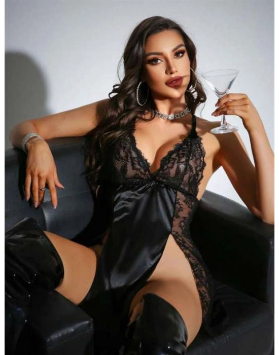 özel tasarım Amora Secret Dantel İşlemeli Yırtmaçlı Siyah Saten 2li Gecelik Sabahlık Takımı