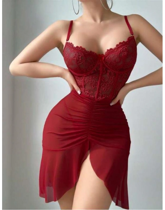 özel tasarım Amora Secret Fırfırlı Dantel İşlemeli Tül Fantezi Bordo Gecelik