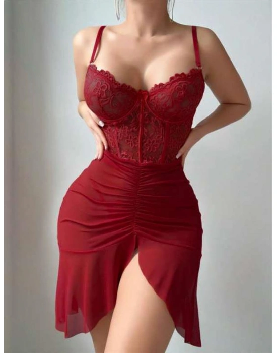 özel tasarım Amora Secret Fırfırlı Dantel İşlemeli Tül Fantezi Bordo Gecelik