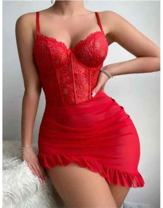 özel tasarım Amora Secret Fırfırlı Dantel İşlemeli Tül Fantezi Kırmızı Gecelik