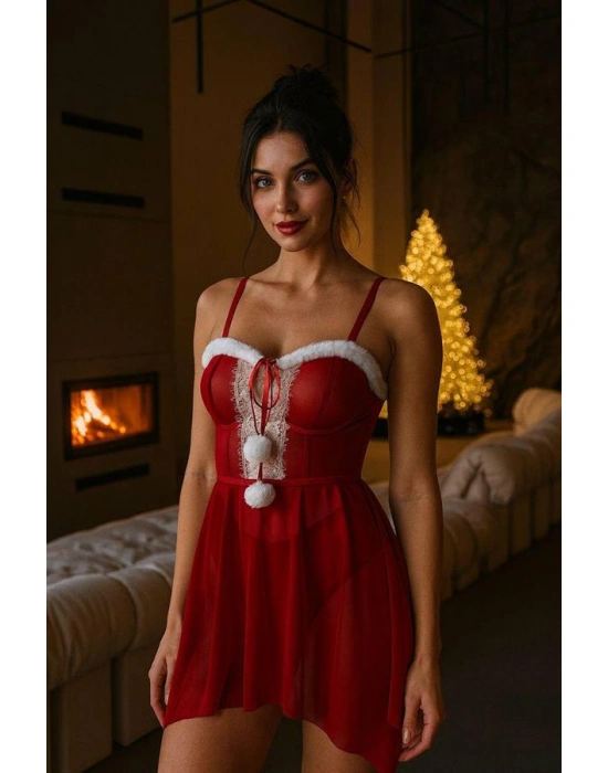 özel tasarım Amora Secret Kırmızı Dantel İşlemeli Fantezi Yılbaşı Özel Tül Gecelik