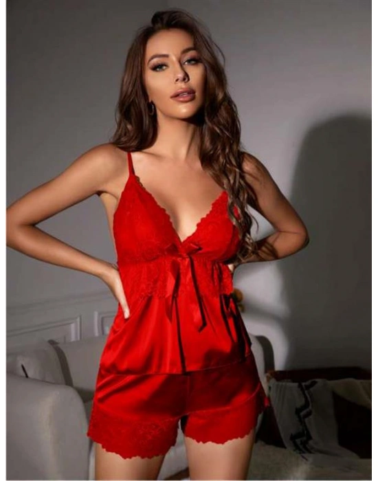 özel tasarım Amora Secret Kırmızı Dantel İşlemeli Kurdelalı İnce Askılı Saten Şortlu Takım