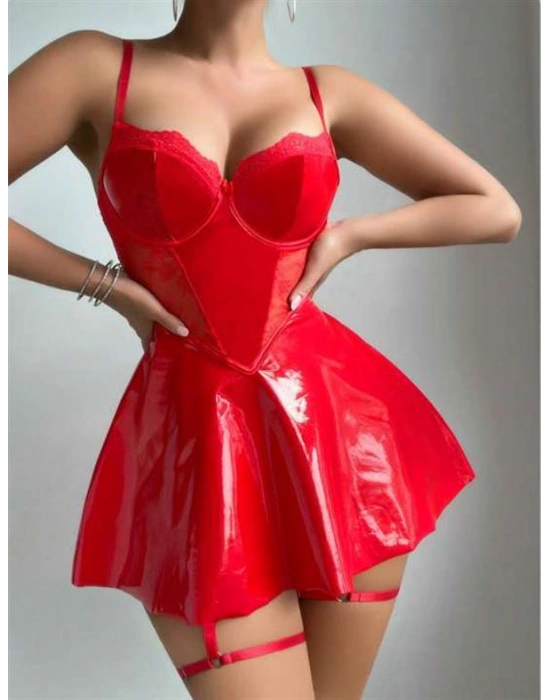 özel tasarım Amora Secret Kırmızı Parlak Deri Şık Bacak Bantlı Fantezi Club Elbise