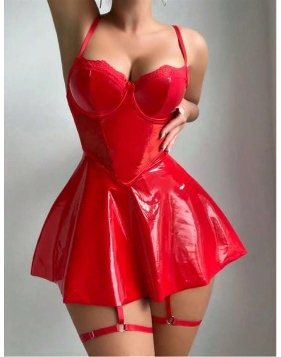 özel tasarım Amora Secret Kırmızı Parlak Deri Şık Bacak Bantlı Fantezi Club Elbise
