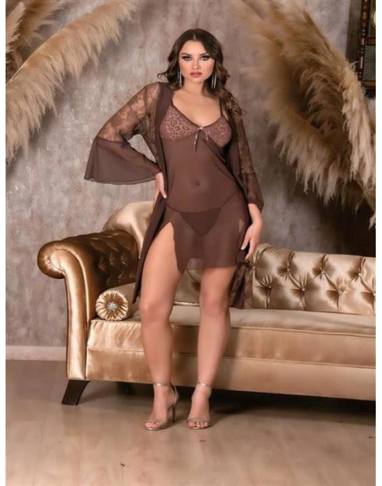 özel tasarım Amora Secret Leopar Desenli Transparan Dantel İşlemeli Tül Yırtmaçlı 2li Gecelik Takımı