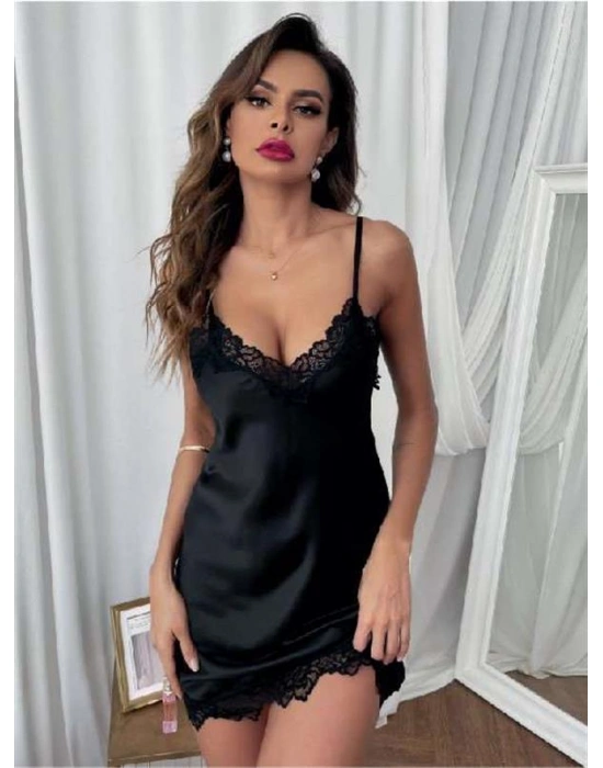 özel tasarım Amora Secret Siyah Dantel İşlemeli İnce Askılı Fantezi Saten Gecelik