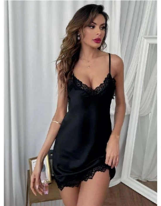 özel tasarım Amora Secret Siyah Dantel İşlemeli İnce Askılı Fantezi Saten Gecelik