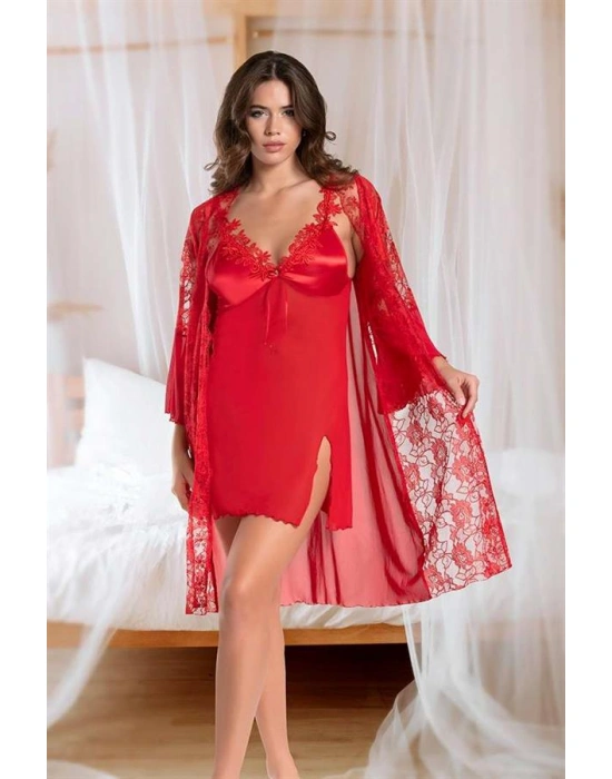 özel tasarım Amora Secret Transparan Dantel İşlemeli Tül Yırtmaçlı 2li Kırmızı Gecelik Takımı
