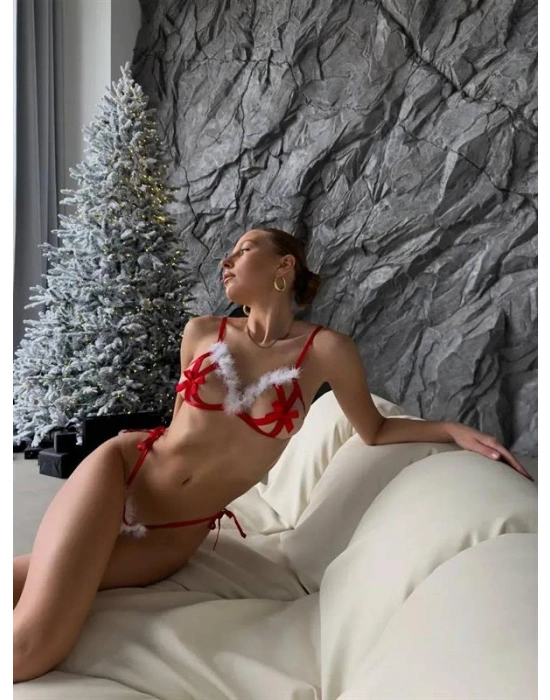 özel tasarım Amora Secret Yılbaşı Özel Tasarım Kırmızı Tüy İşlemeli Fantezi Sütyen String Takımı