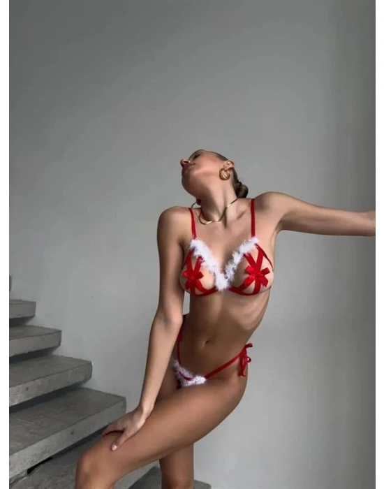 özel tasarım Amora Secret Yılbaşı Özel Tasarım Kırmızı Tüy İşlemeli Fantezi Sütyen String Takımı