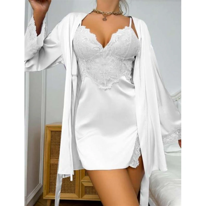 Amora Secret Dantel İşlemeli İnce Askılı Beyaz 2li Saten Gecelik Sabahlık Takımı