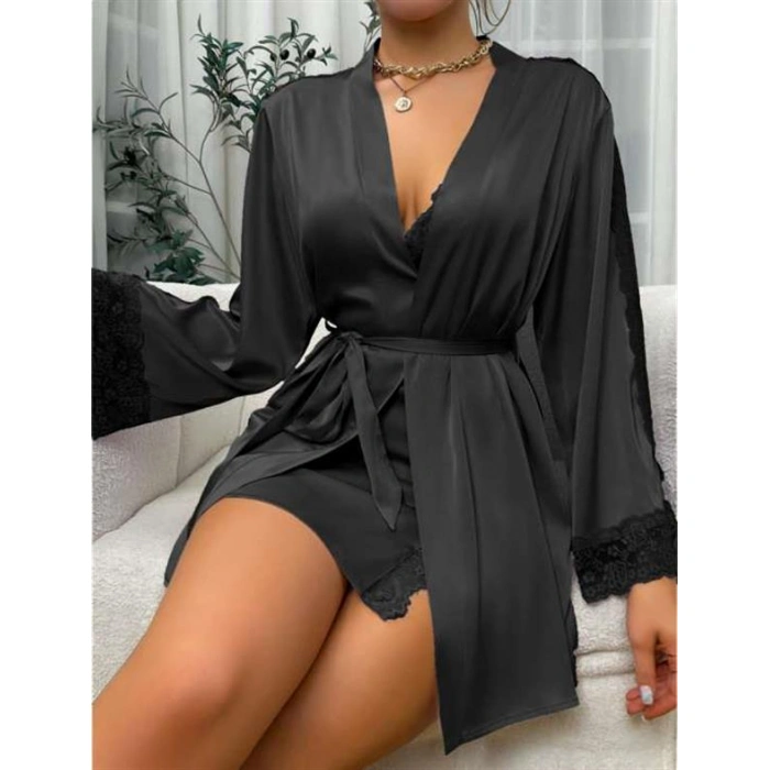 Amora Secret Dantel İşlemeli İnce Askılı Siyah 2li Saten Gecelik Sabahlık Takımı
