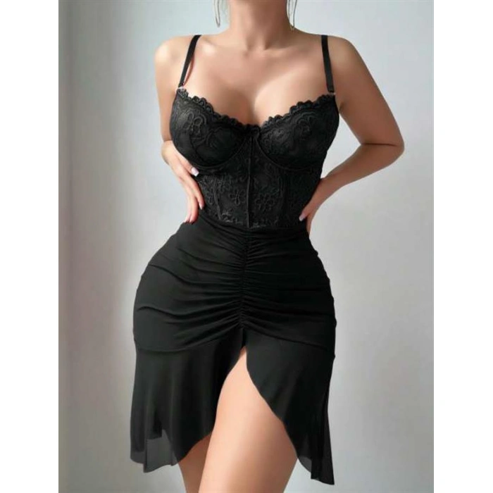 Amora Secret Fırfırlı Dantel İşlemeli Tül Fantezi Siyah Gecelik