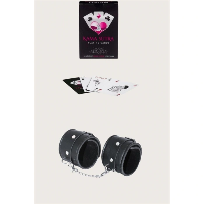 Amora Secret Kadın Fantazi İç Giyim Sexy Görselli Oyun Kartı Kama Sutra Siyah Kelepçe Set - Şehvetli ve Zarif Tasarım