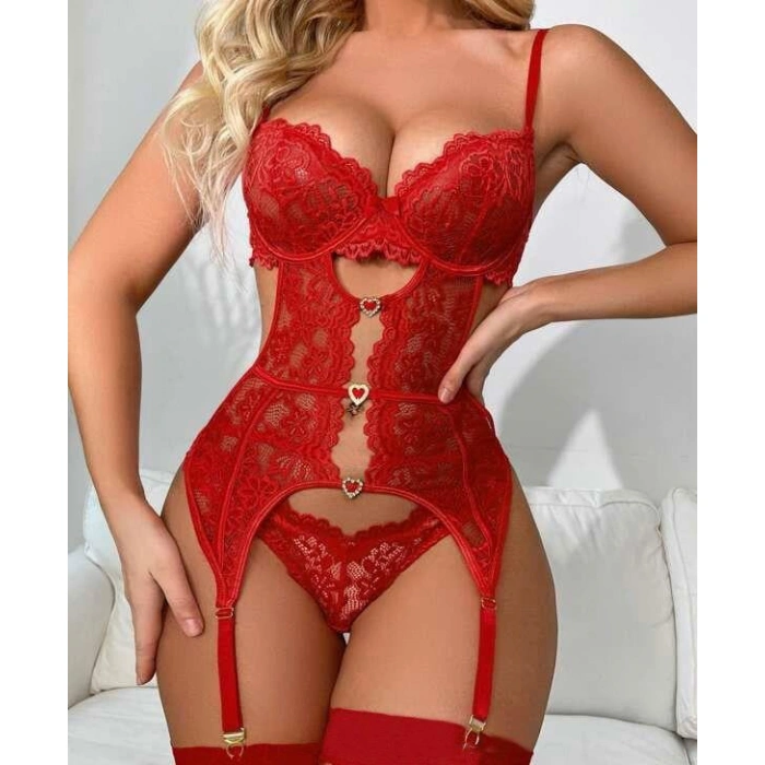 Amora Secret Kalp Aksesuarlı Dantelli Fantezi Kırmızı Jartiyer Takım