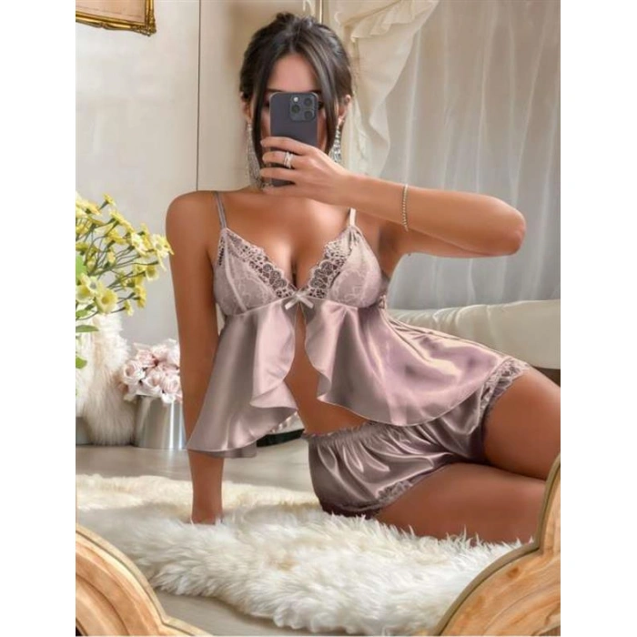 Amora Secret Vizon Dantel İşlemeli İnce Askılı Saten Şortlu Takım