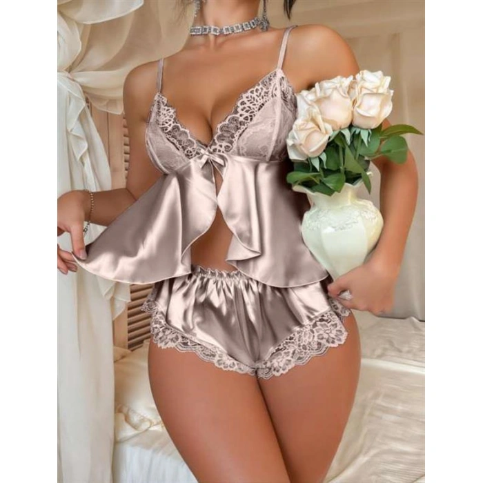 Amora Secret Vizon Dantel İşlemeli İnce Askılı Saten Şortlu Takım