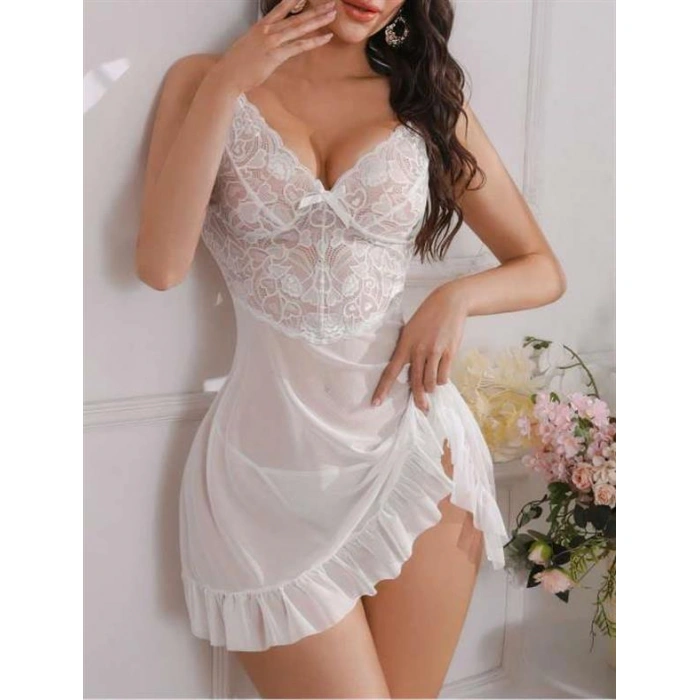 AmoraSecret AmoraSecret Beyaz Fırfırlı Dantel İşlemeli İnce Askılı Likralı Fantezi Tül Gecelik