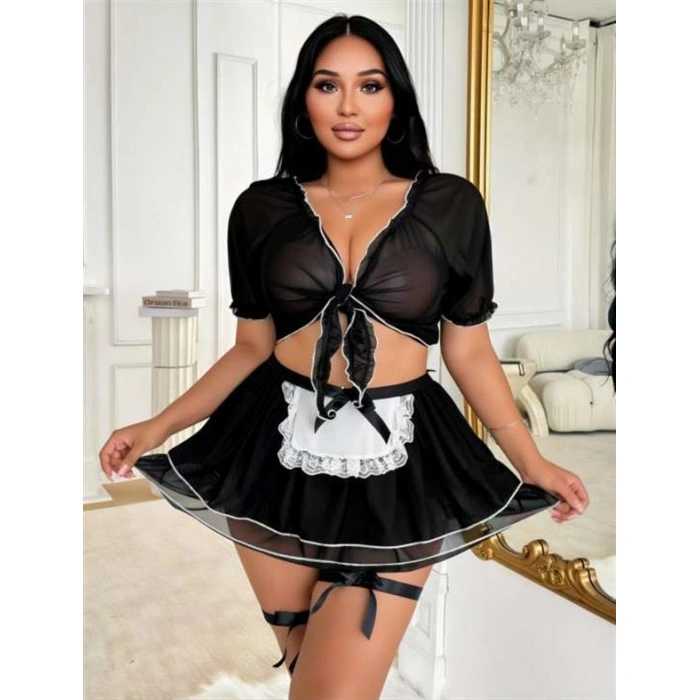 ÖZEL TASARIM BÜYÜK BEDEN SİYAH BOLEROLU FANTEZİ HİZMETÇİ KOSTÜMÜ