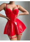 özel tasarım Amora Secret Kırmızı Parlak Deri Şık Bacak Bantlı Fantezi Club Elbise