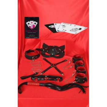 ÖZEL TASARIM  SEXY GÖRSELLI OYUN KARTI KAMA SUTRA 7LI KIRMIZI SIYAH HARNESS SET
