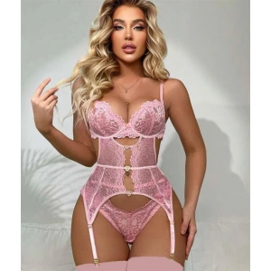 Amora Secret Kadın Fantazi İç Giyim Kalp Aksesuarlı Dantelli Fantezi Pembe Jartiyer Takım - Şehvetli ve Zarif Tasarım
