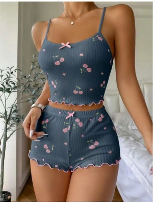Amora Secret Kadın Fantazi İç Giyim Mavi Kiraz Desenli Askılı Şortlu Pijama Takımı - li ve Zarif Tasarım