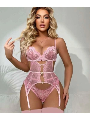 Amora Secret Kadın Fantazi İç Giyim Kalp Aksesuarlı Dantelli Fantezi Pembe Jartiyer Takım - li ve Zarif Tasarım