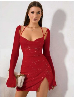 Amora Secret Kadın Fantazi İç Giyim Kırmızı Yırtmaç Detay Simli Fantezi Mini Club Elbisesi - li ve Zarif Tasarım