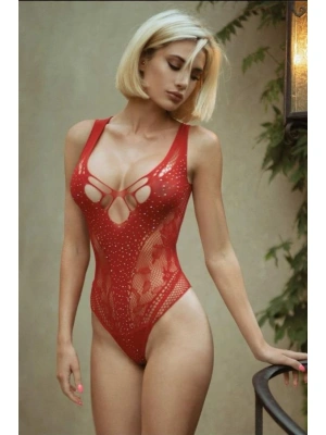 Amora Secret Kadın Fantazi İç Giyim Özel Tasarım Kırmızı Taşlı Fantezi Body Vücut Çorabı - li ve Zarif Tasarım
