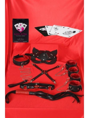 Amora Secret Kadın Fantazi İç Giyim  Görselli Oyun Kartı Kama Sutra 7li Kırmızı Siyah Harness Set - li ve Zarif Tasarım