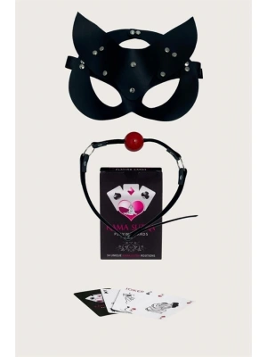 Amora Secret Kadın Fantazi İç Giyim  Görselli Oyun Kartı Kama Sutra Siyah Ağız Topu Maske Set - li ve Zarif Tasarım