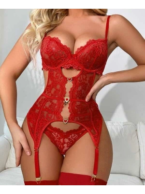 Amora Secret Kalp Aksesuarlı Dantelli Fantezi Kırmızı Jartiyer Takım