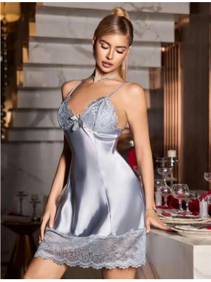 Amora Secret Vizon Dantel Detaylı İnce Askılı Saten Kısa Fantezi Gecelik