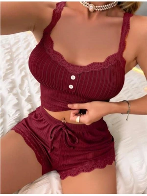 Amora Secret Bordo Dantel İşlemeli Fitilli Askılı Şortlu Pijama Takımı