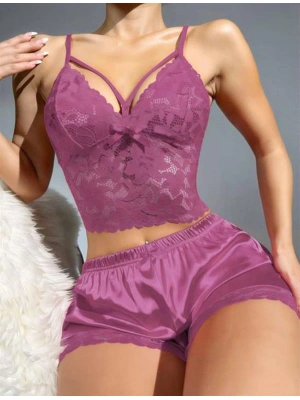Amora Secret Dantelli Büstiyer İnce Askılı Lila Saten Şortlu Takım