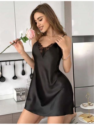 Amora Secret Siyah Dantel İşlemeli İnce Askılı Saten Mini Gecelik