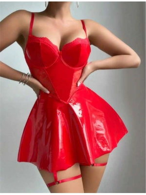 özel tasarım Amora Secret Kırmızı Parlak Deri Şık Bacak Bantlı Fantezi Club Elbise