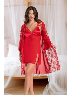 özel tasarım Amora Secret Transparan Dantel İşlemeli Tül Yırtmaçlı 2li Kırmızı Gecelik Takımı