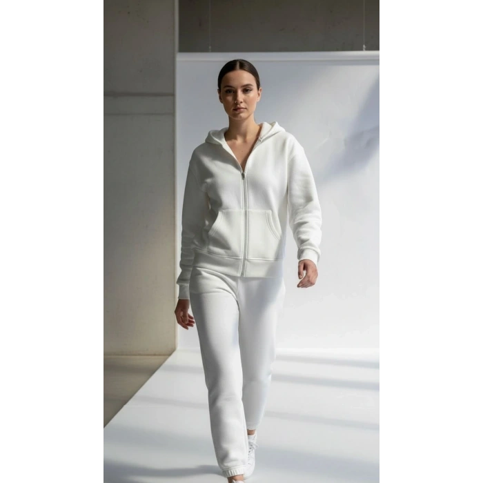 3 iplik şardonlu kapşonlu hoodie frm beyaz p510437