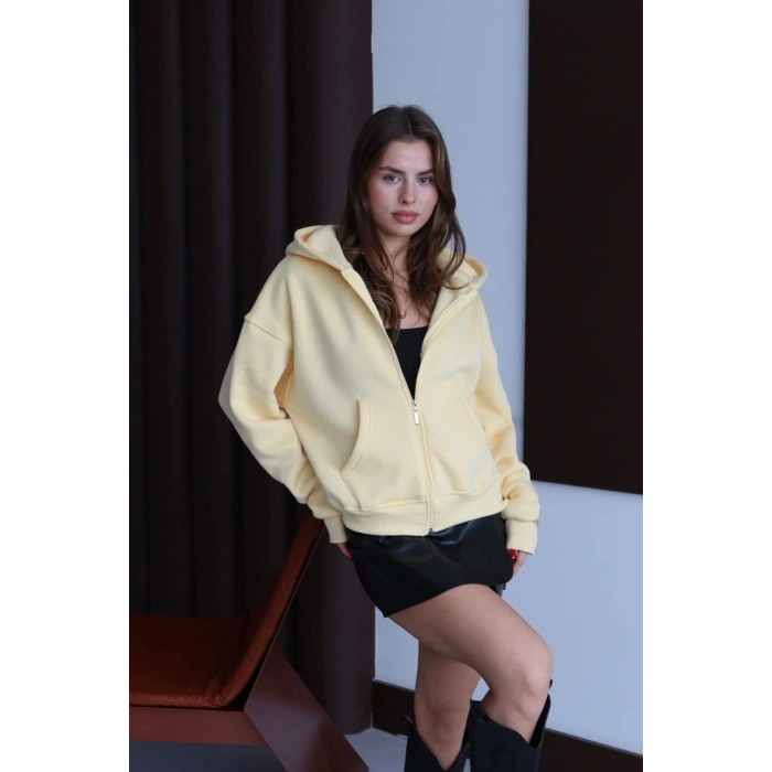 3 iplik şardonlu kapşonlu hoodie frm sarı p510437