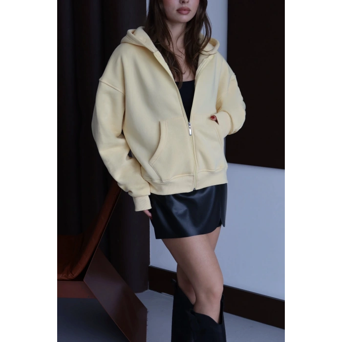 3 iplik şardonlu kapşonlu hoodie frm sarı p510437