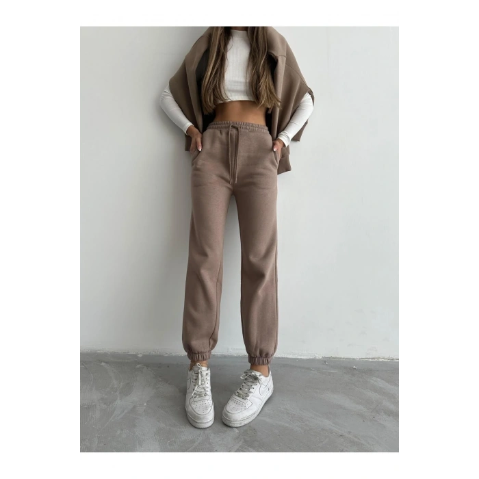 3 iplik şardonlu paça lastikli eşofman vizon is001