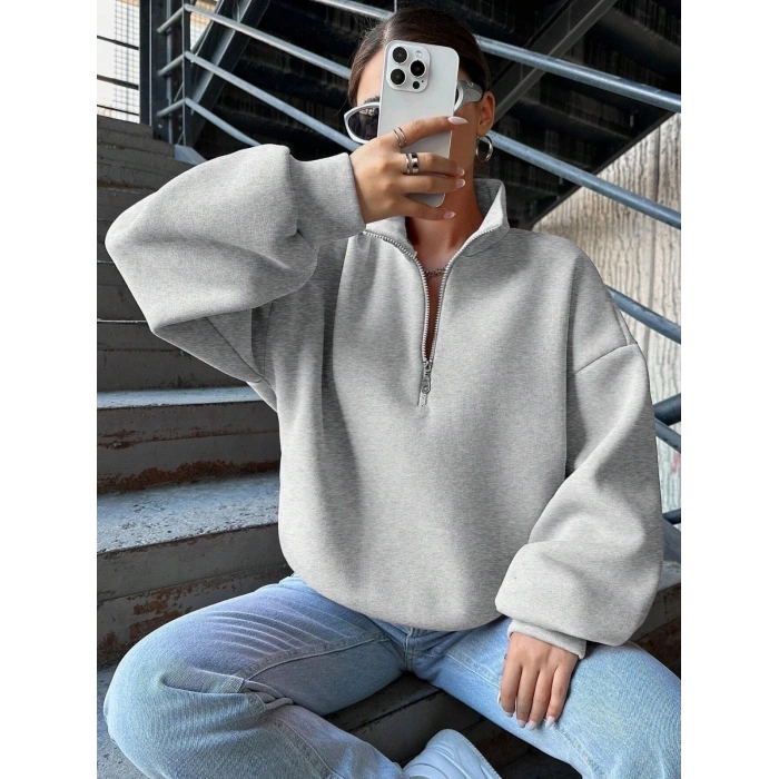 3 iplik Şardonlu yarım fermuarlı sweatshirt gri