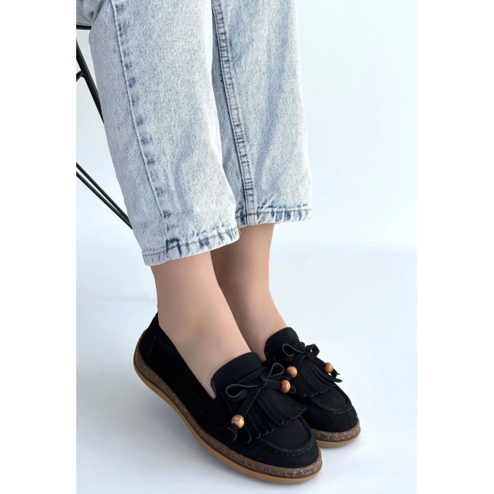 Boriy Siyah Deri Tozu Süet Babet Ayakkabı